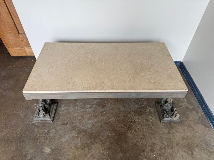 French Bronze Figural Coffee Table with Travertine Top