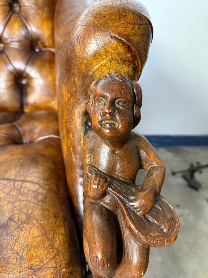 Pair of Italian Leather Tufted Armchairs w/ Cherubs