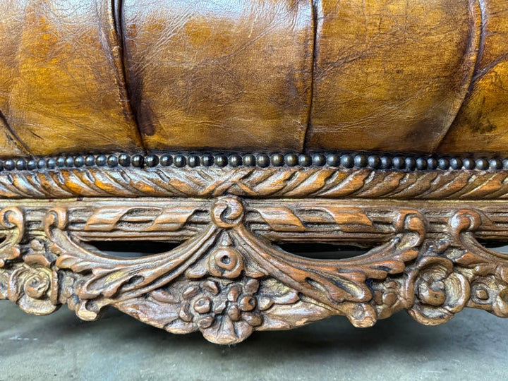 Pair of Italian Leather Tufted Armchairs w/ Cherubs