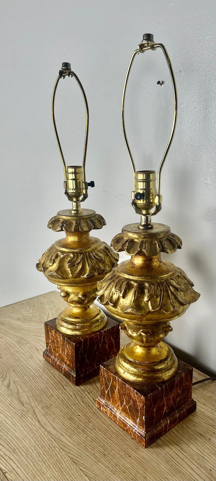 Pair of Italian Gilt Wood Carved Lamps on Faux Marble Bases