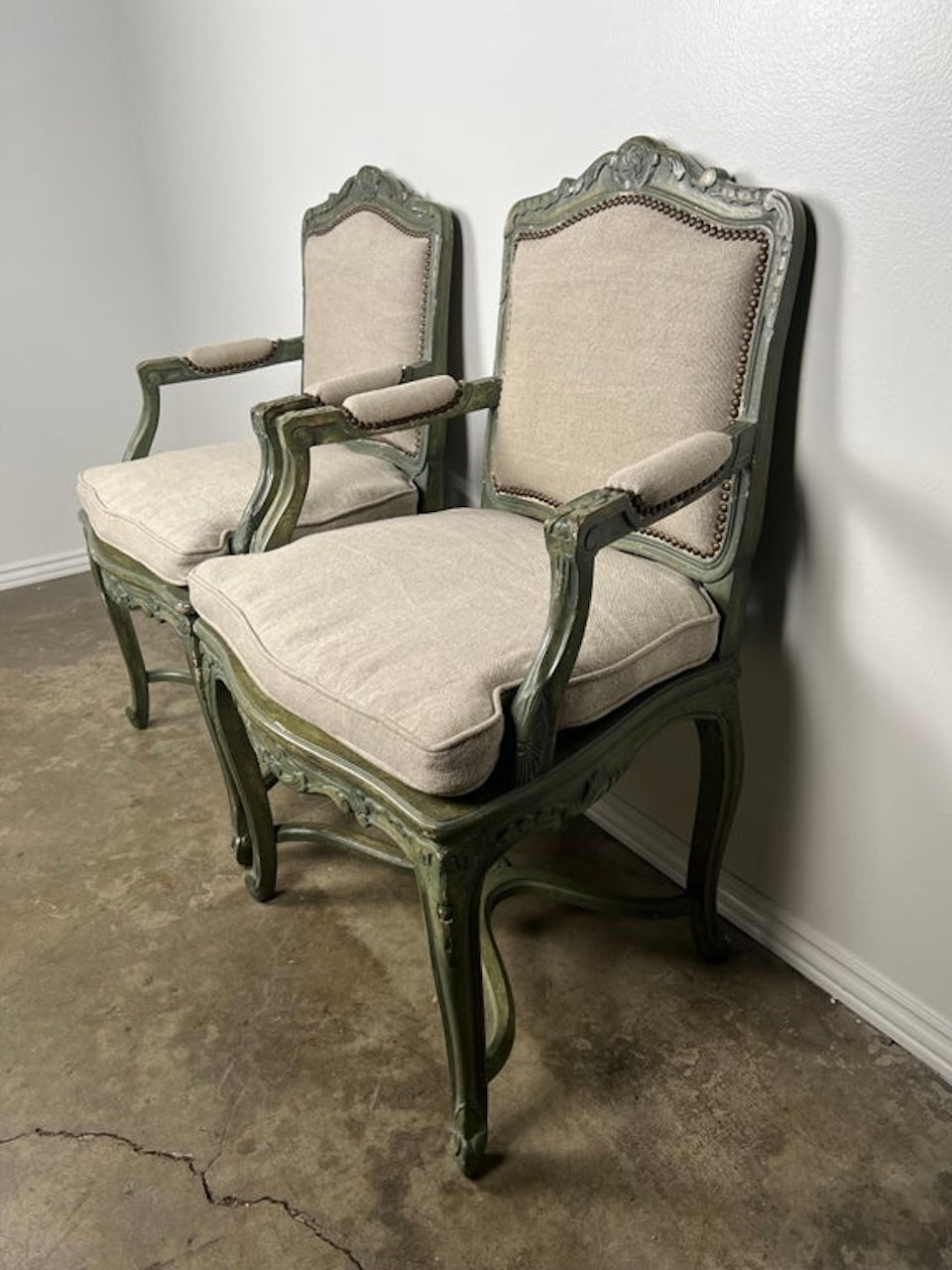 Pair of French Painted Cane Seat Armchairs with Cushions