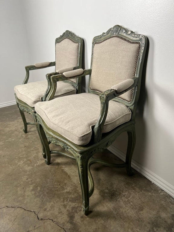 Pair of French Painted Cane Seat Armchairs with Cushions