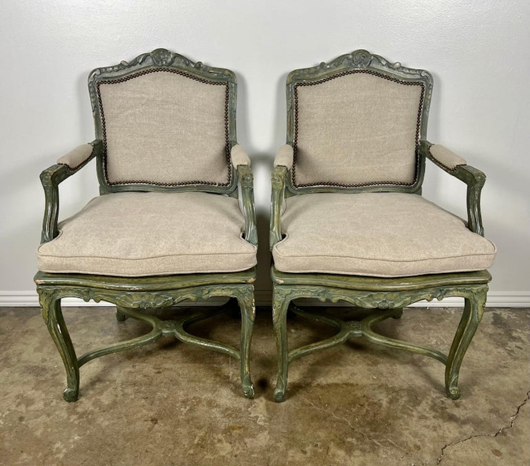 Pair of French Painted Cane Seat Armchairs with Cushions