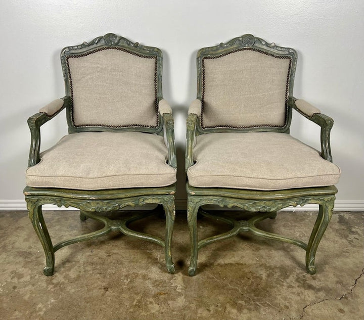 Pair of French Painted Cane Seat Armchairs with Cushions