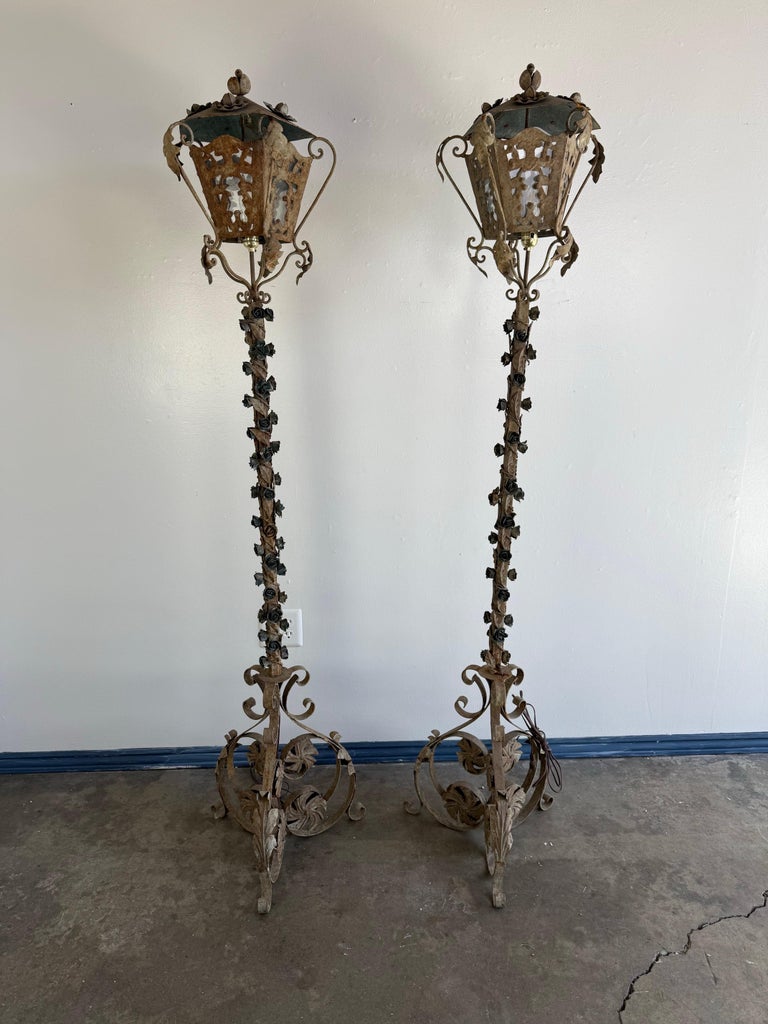 Pair of French Wrought Iron Standing Lanterns