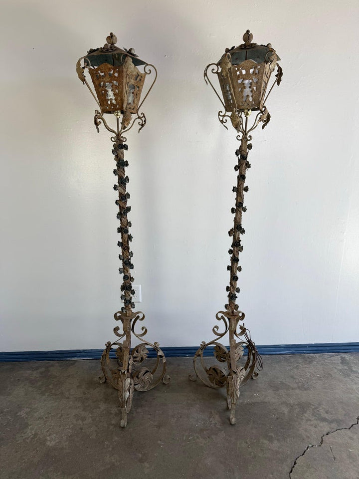 Pair of French Wrought Iron Standing Lanterns
