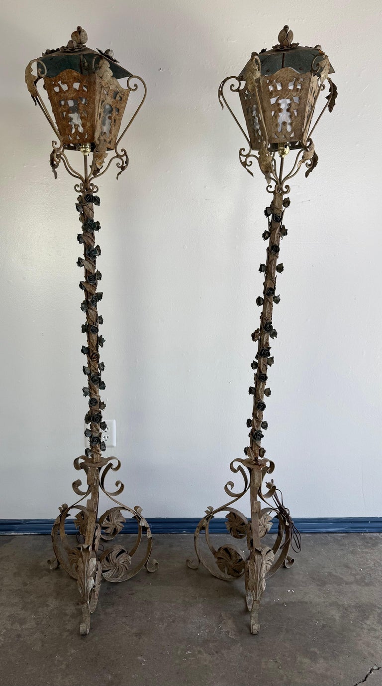 Pair of French Wrought Iron Standing Lanterns