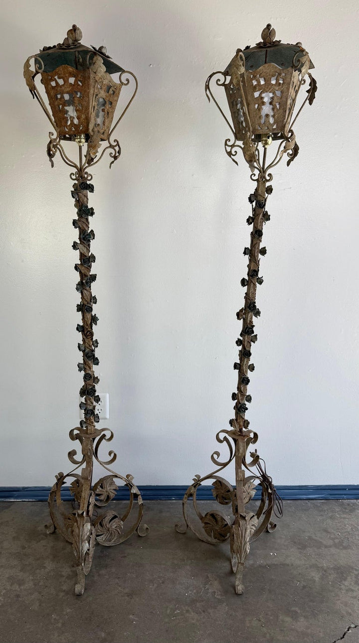 Pair of French Wrought Iron Standing Lanterns