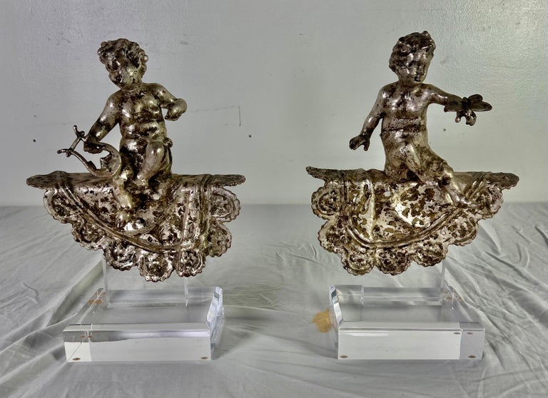 Pair of French Silvered Gilt Metal Cherubs on Lucite Bases