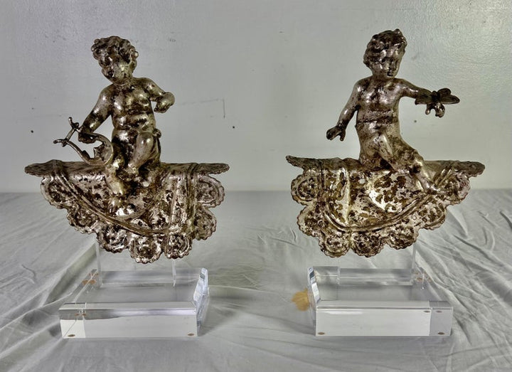 Pair of French Silvered Gilt Metal Cherubs on Lucite Bases