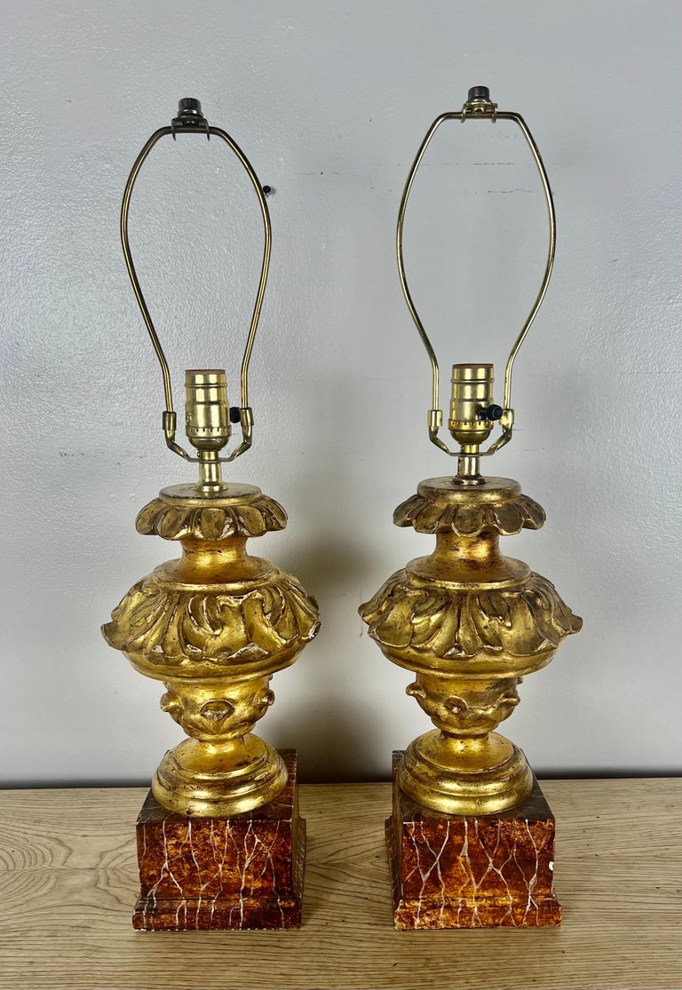 Pair of Italian Gilt Wood Carved Lamps on Faux Marble Bases