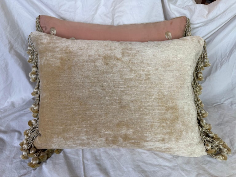 Pair of Pink Silk Embroidered Pillows w/ Tassel Fringe