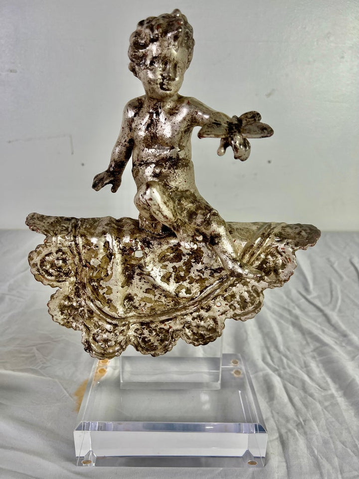 Pair of French Silvered Gilt Metal Cherubs on Lucite Bases