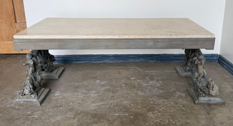 French Bronze Figural Coffee Table with Travertine Top