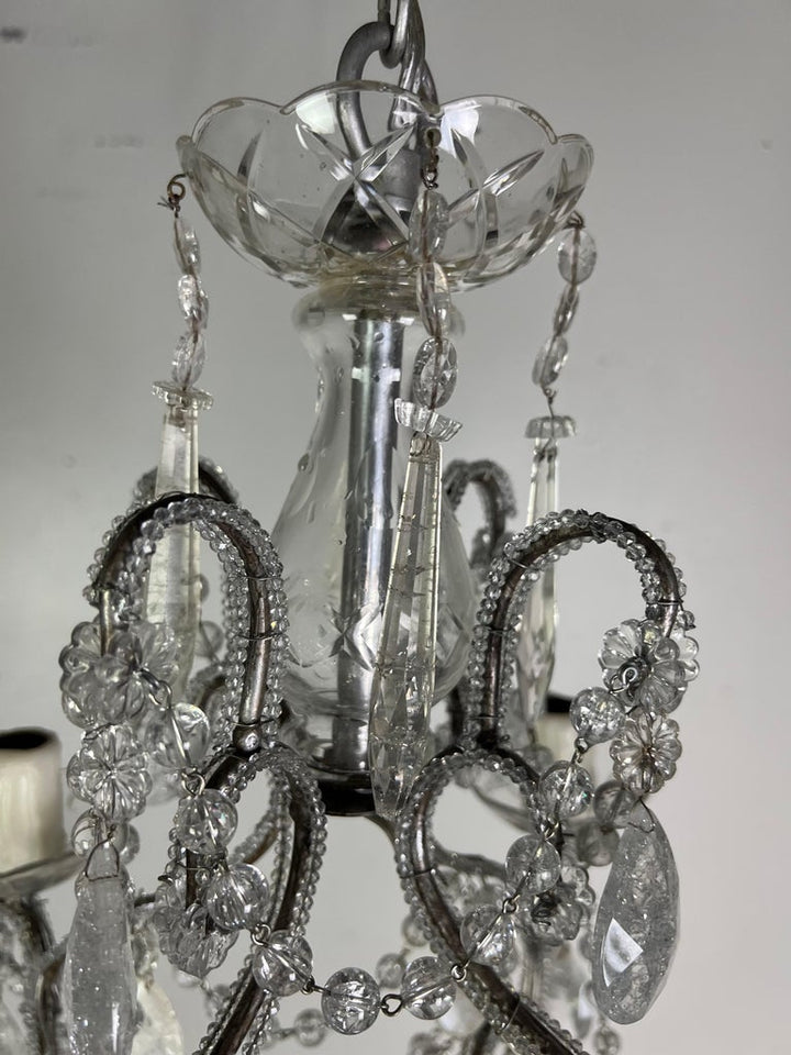 French (4) Light Rock Crystal Beaded Chandelier C. 1930's