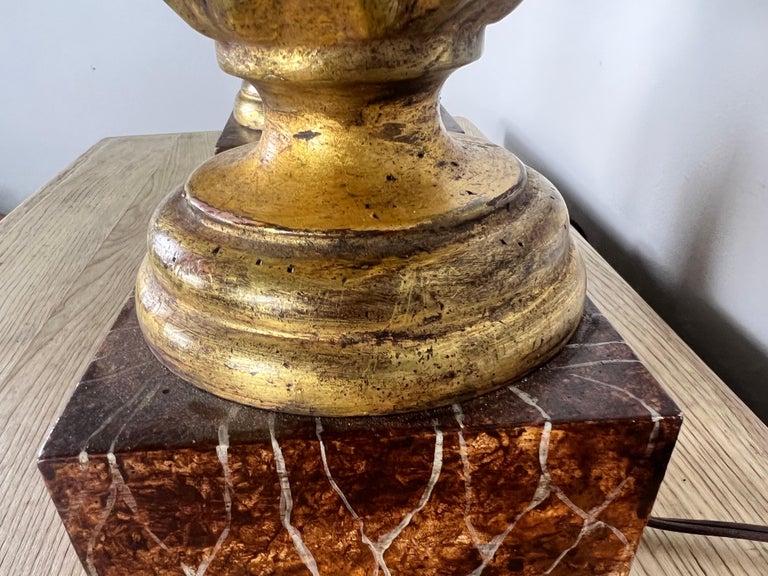 Pair of Italian Gilt Wood Carved Lamps on Faux Marble Bases