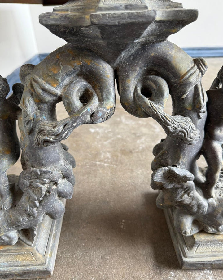 French Bronze Figural Coffee Table with Travertine Top