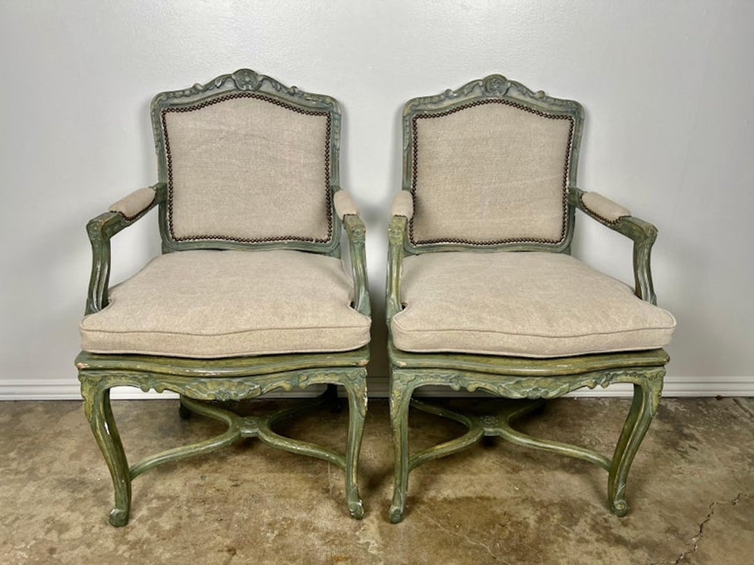 Pair of French Painted Cane Seat Armchairs with Cushions