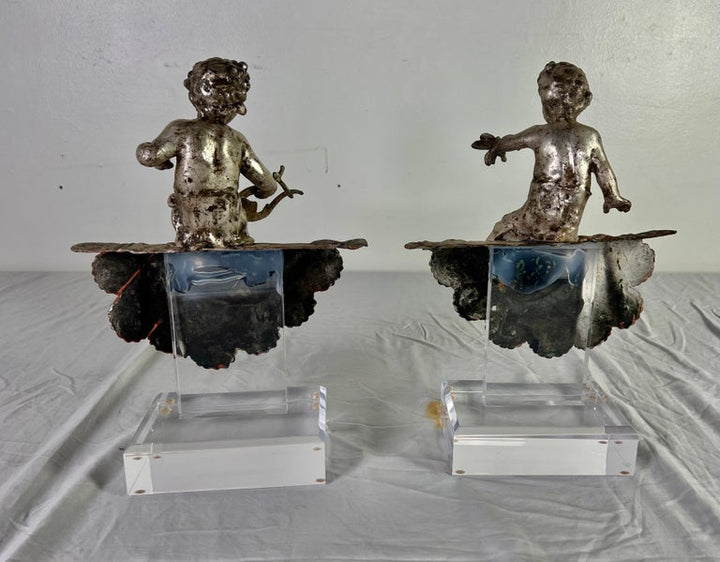 Pair of French Silvered Gilt Metal Cherubs on Lucite Bases