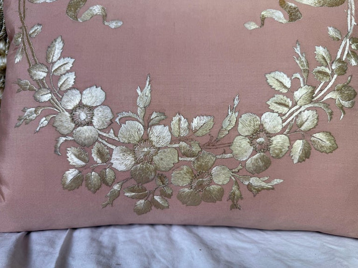 Pair of Pink Silk Embroidered Pillows w/ Tassel Fringe