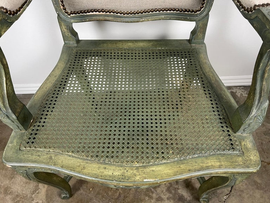 Pair of French Painted Cane Seat Armchairs with Cushions