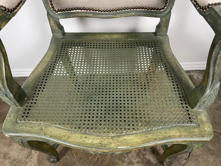 Pair of French Painted Cane Seat Armchairs with Cushions