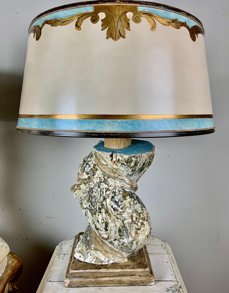Italian Painted Column Lamps with Parchment Shades, Pair