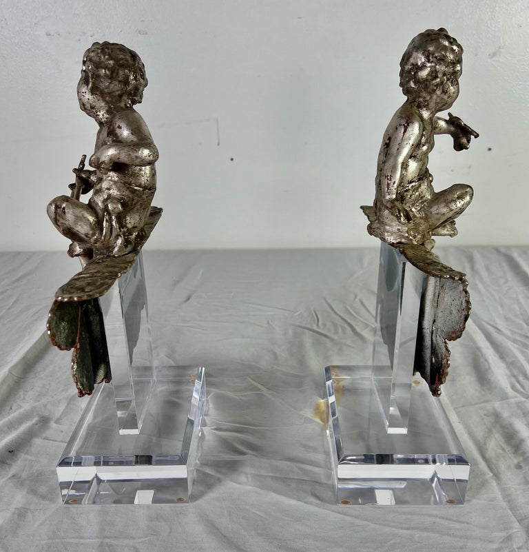 Pair of French Silvered Gilt Metal Cherubs on Lucite Bases