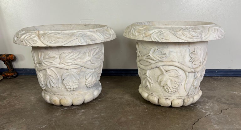 Pair of 19th Century Hand-Carved Carrara Marble Planters