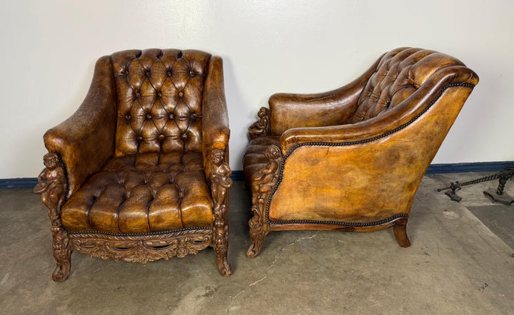 Pair of Italian Leather Tufted Armchairs w/ Cherubs