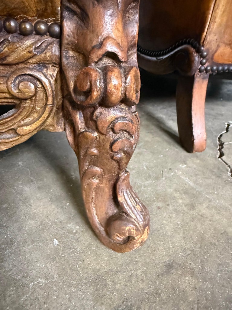 Pair of Italian Leather Tufted Armchairs w/ Cherubs