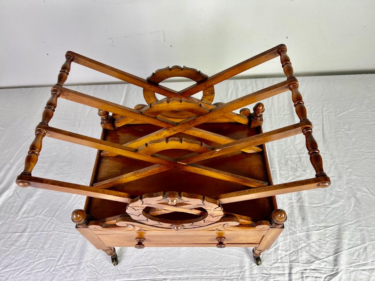 19th C. English Maple Magazine Rack w/ Drawer and Casters