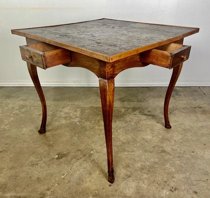 19th C. English Game Table w/Embossed Leather Top