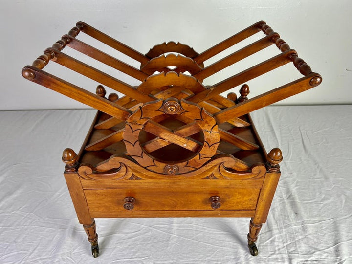 19th C. English Maple Magazine Rack w/ Drawer and Casters