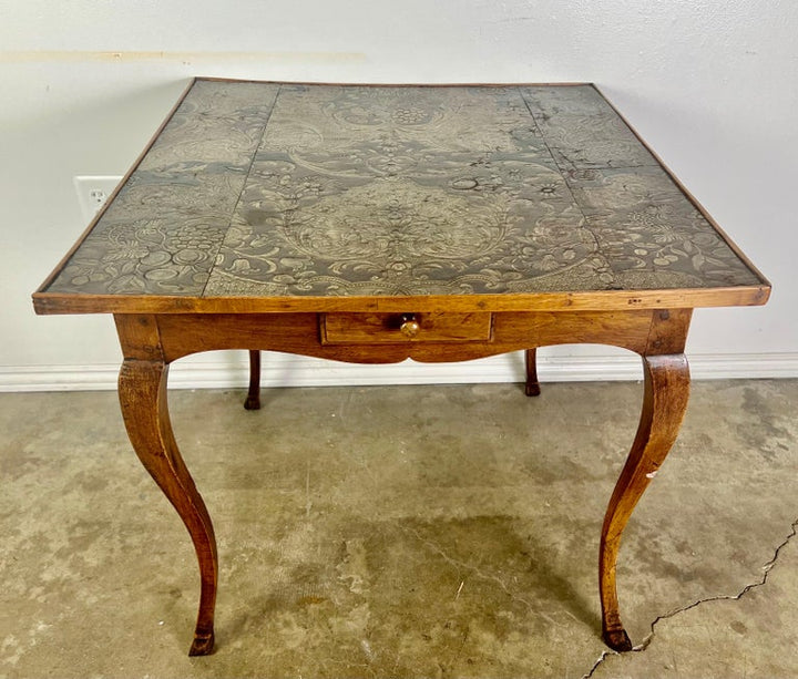 19th C. English Game Table w/Embossed Leather Top