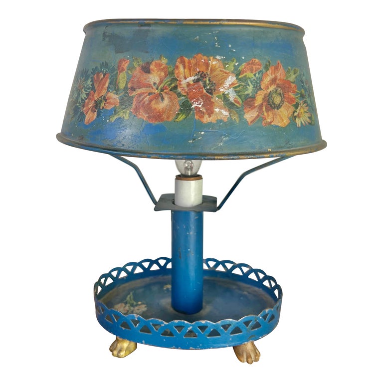 Hand Painted Italian Blue Tole Lamp w/ Shade