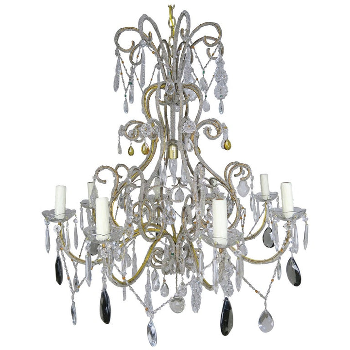 Eight Light Italian Crystal Beaded Chandelier with Smokey Drops