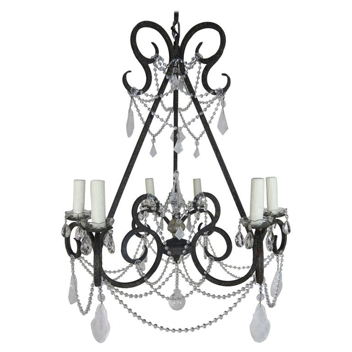 Six-Light Rock Crystal Wrought Iron Chandelier