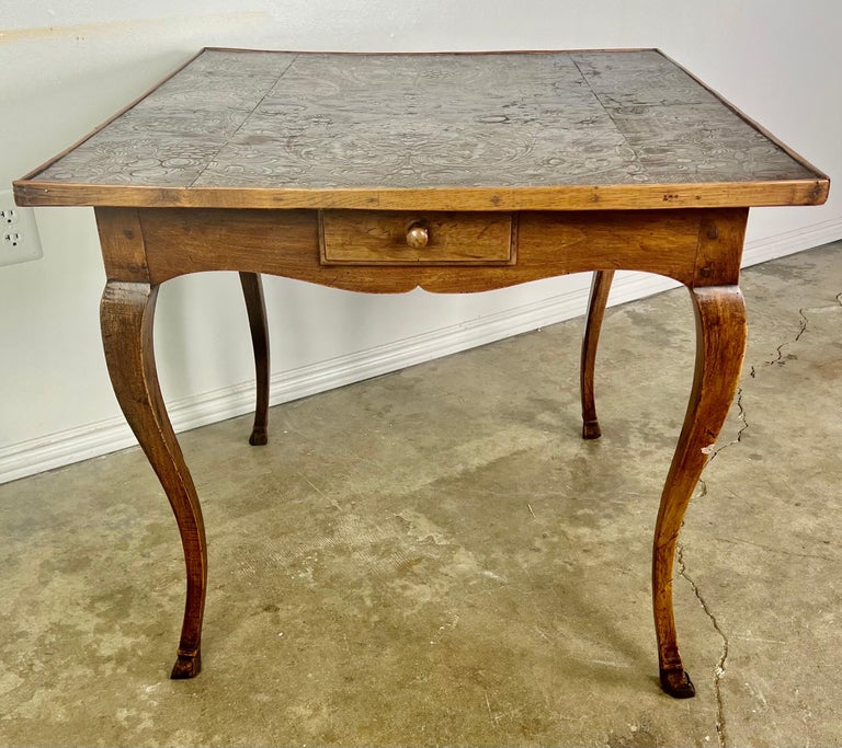 19th C. French Game Table w/Embossed Leather Top