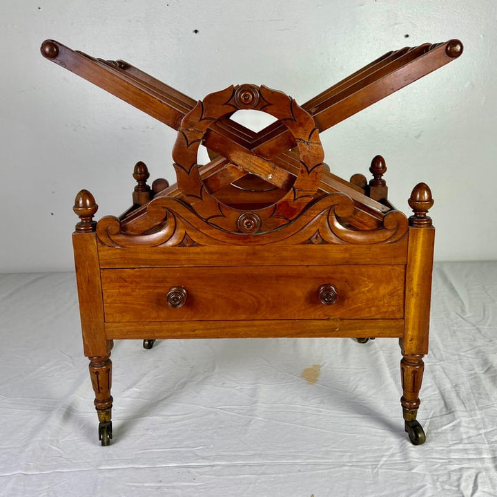 19th C. English Maple Magazine Rack w/ Drawer and Casters