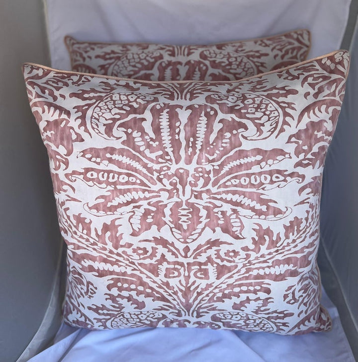 Custom  Pink & White Glicine Fortuny Patterned Textile Pillow