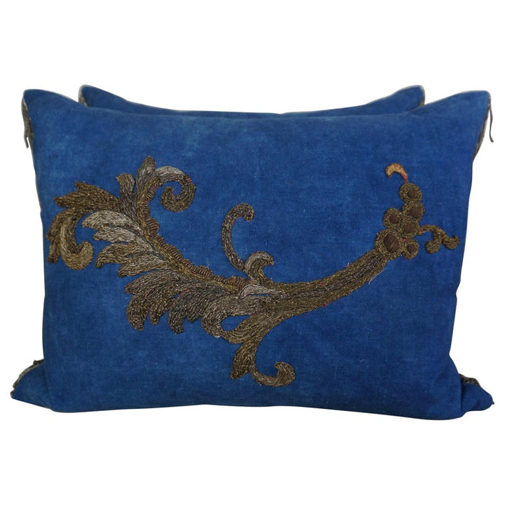 Pair of Metallic Appliqued Blue Linen Pillows