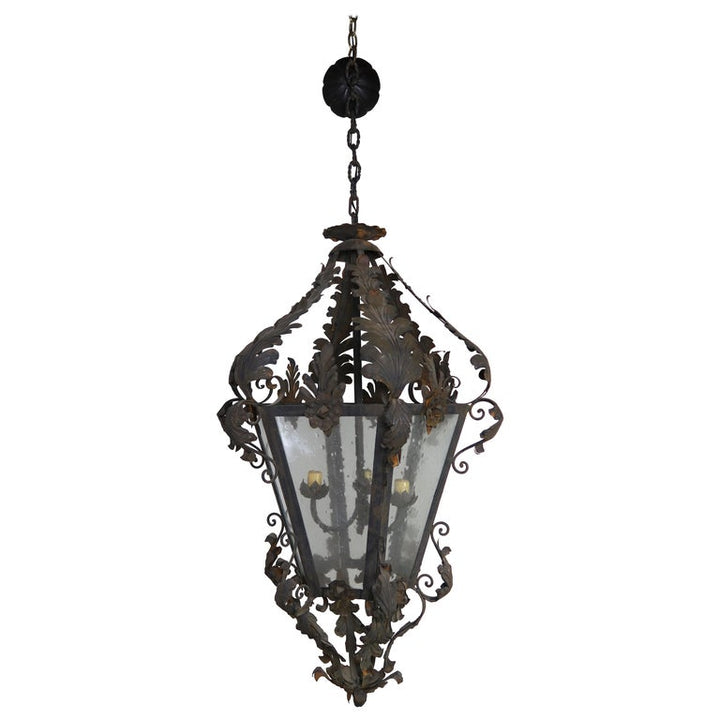 Spanish Wrought Iron and Reeded Glass Lantern, circa 1930s