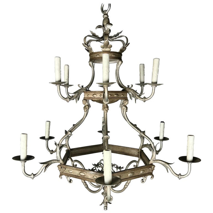 Monumental Two-Tiered 12-Light Silvered Chandelier w/ Crown