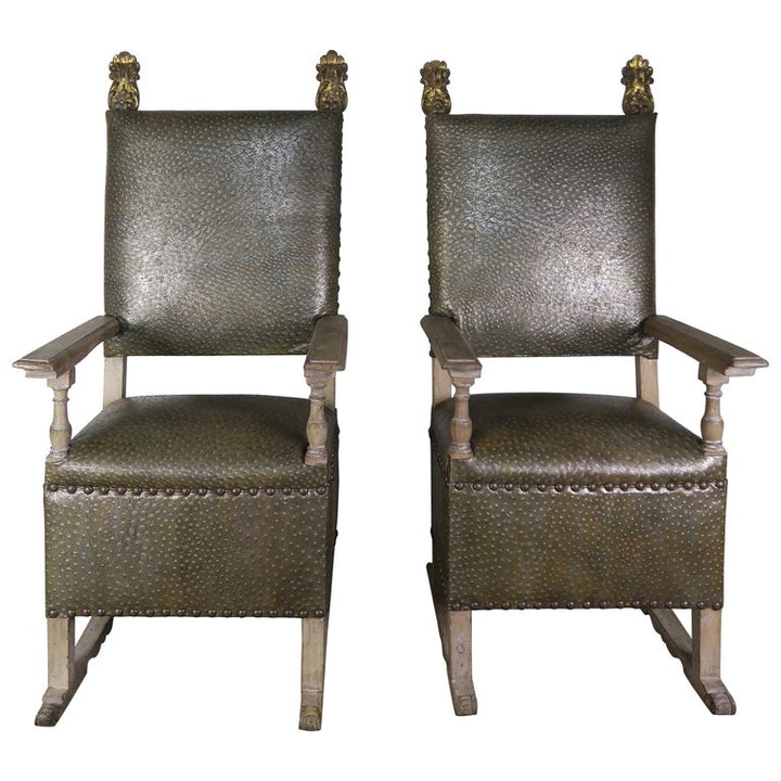 Pair of 19th C. Italian Armchairs w/ Gilt Wood Finials