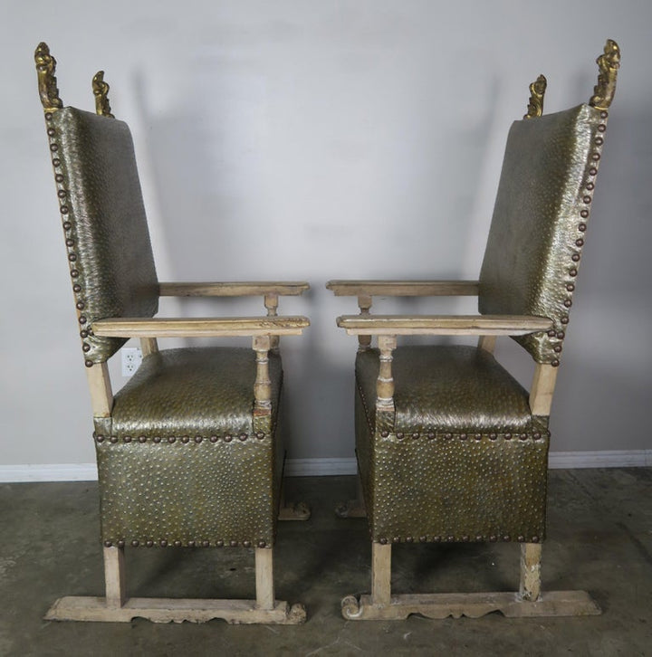 Pair of 19th C. Italian Armchairs w/ Gilt Wood Finials