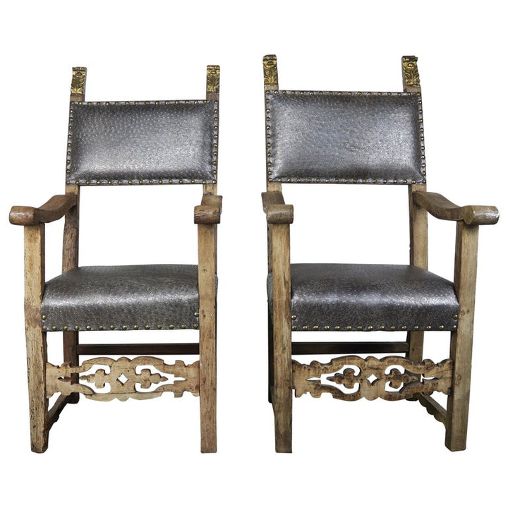 18th C. Spanish Armchairs w/ Gilt Wood Finials - a Pair