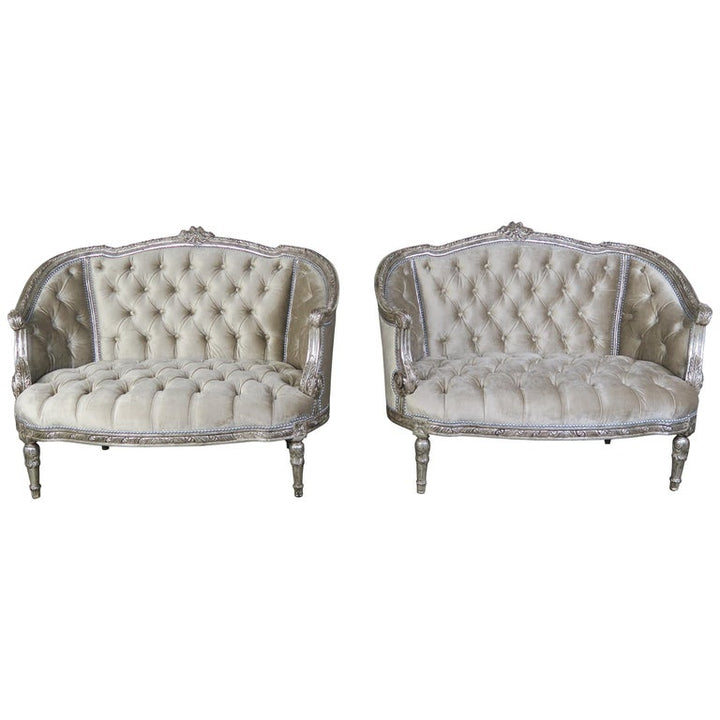 1930's French Carved Silver Gilt Velvet Tufted Settees, Pair