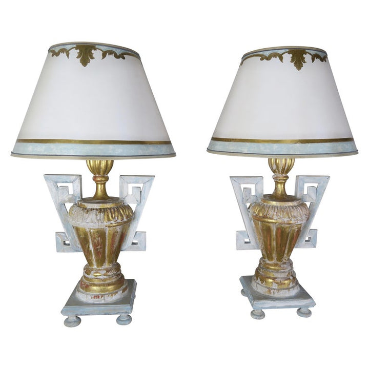 Pair of Greek Key Painted Lamps w/ Parchment Shades