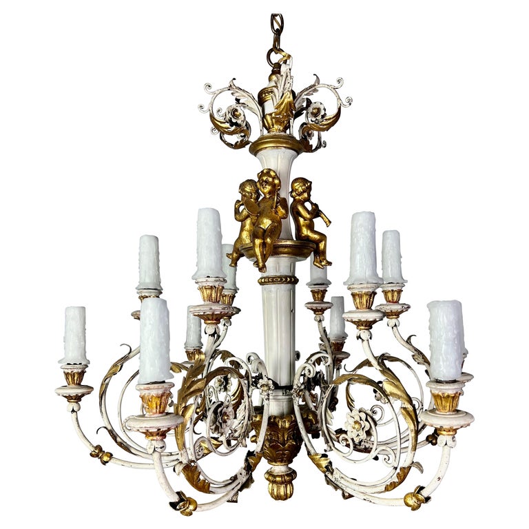 Italian Painted & Parcel Gilt Cherub Chandelier, circa 1930s